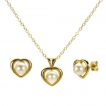 Heart Shape Love 14k Yellow Gold and 5-6mm Perfect Round White Freshwater Cultured Pearl High Luster As a Pendant with 14k Yellow Gold Over Silver Cable Chain Necklace 18 Length with Matching Heart Shape Stud Earring.