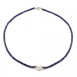 14k Yellow Gold 12-13mm Freshwater Cultured Pearl 4-5mm Blue Sapphire Gemstones Necklace 18 Length with 3mm Yellow Gold Beads and Filigree Clasp.