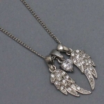 Bling Bling Womens Necklace, Angel Wings with Stones & Heart, Silver Rhodium