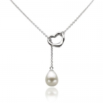 Heart Shape Love Lariat Necklace Sterling Silver 10.5-11mm White Freshwater Pearl High Luster, 21 Length.