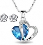 Set of Simulated Blue Opal Heart Shape Pendant Necklace 18-accented with Cubic Zirconias + Flower Stud Earrings