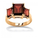 Emerald-Cut Birthstone 18k Yellow Gold-Plated Triple-Stone Ring- January- Simulated Garnet