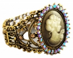 Gorgeous and Ornate Brown Cameo Cuff Bracelet with Many Aurora Borealis Crystal Accents - Antique Gold Tone