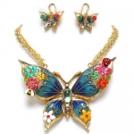 Beautiful Chunky Extra Large Multi Color Butterfly and Flowers Goldtone Statement Pendant Women Necklace and Earrings Set Elegant Trendy Fashion Jewelry