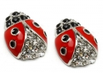 Precious Crystal Accented Small 1/2 Red and Black Enamel Ladybug Stud Earrings Silver Tone