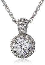 Platinum Plated Sterling Silver 100 Facets Collection Round Cubic Zirconia Antique-Style Pendant Necklace