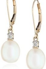 10k Yellow Gold Freshwater Cultured Pearl with Diamond-Accented Drop Earrings (10.5-11 mm)