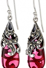 Sterling Silver Marcasite and Garnet Colored Glass Teardrop Earrings