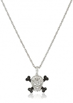 Sterling Silver Black and White Diamond Accent Skull Pendant Necklace