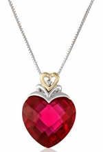 Sterling Silver and 14k Yellow Gold Created Ruby Heart and Diamond-Accent Pendant Necklace, (.006 cttw, I-J Color, I2-I3 Clarity), 18