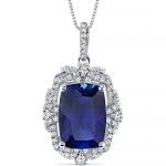 9.00 Carats Created Sapphire Gallery Pendant Sterling Silver Cushion Cut