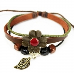 Real Spark Fashion Handmade Leather Wristband Flower Beads Adjustable Rope Brown Wrap Bracelet