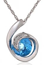 Sterling Silver Scroll Swiss-Blue-Topaz Diamond Pendant Necklace, 18