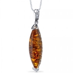 Baltic Amber Elongated Pendant Necklace Sterling Silver Cognac Color