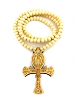 Egyptian Ankh Cross Pendant 6mm 27 Stretchable Wooden Bead Necklace (3 Colors Available) (Maple (Natural))