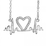 925 Sterling Silver Heartbeat Lifeline Pulse CZ Pendant Charm Love Rhythm Necklace, Rolo Chain 18+ 1.5