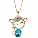 Chaomingzhen Gold Plated Blue Crystal Cute Monkey Pendants Extra Long Necklaces Girl