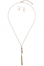 Karmas Canvas Lined Gem Bar Accent Tassel Pendant Necklace (Coral)