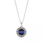 Inspired Silver Blue Line Law Enforcement Support Circle Charm Necklace Clear Crystal Rhinestones