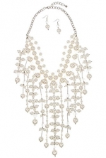 Karmas Canvas Cluster Drop Faux Pearl Fringe Accent Bib Statement Necklace Set