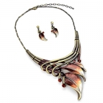 PammyJ Goldtone Brown Leaf Statement Necklace and Earrings Set, 16 + 3 Ext.