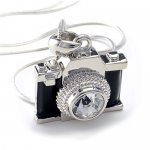 PammyJ Silvertone Miniature Camera Pendant Crystal Stud Necklace, 18