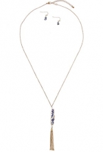 Karmas Canvas Lined Gem Bar Accent Tassel Pendant Necklace (Blue)