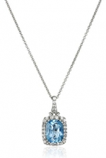 Sterling Silver Cushion Swiss Blue Topaz and Round Created White Sapphire Pendant Necklace, 18