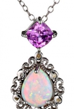 Simulated Opal, Created Pink Sapphire and Diamond Pear Shape Pendant Necklace in Sterling Silver, 18