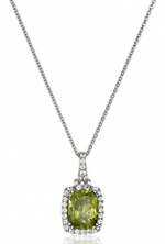 Sterling Silver Cushion Peridot and Round Created White Sapphire Pendant Necklace, 18