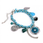 HUAN XUN Blue Rope Wrap Bracelet Flower Pendant Leaf Charm Chain Tassel