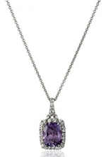 Sterling Silver Cushion Amethyst and Round Created White Sapphire Pendant Necklace, 18