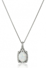 Sterling Silver Cushion Created Opal and Round Created White Sapphire Pendant Necklace, 18